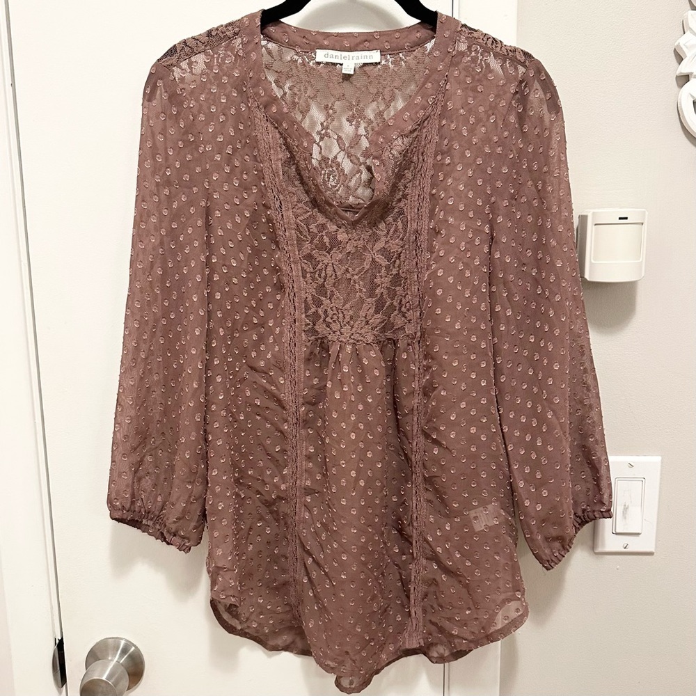 Daniel Rainn Cocoa Brown Dotted Sheer & Lace Peasant Blouse Womens S Top Shirt